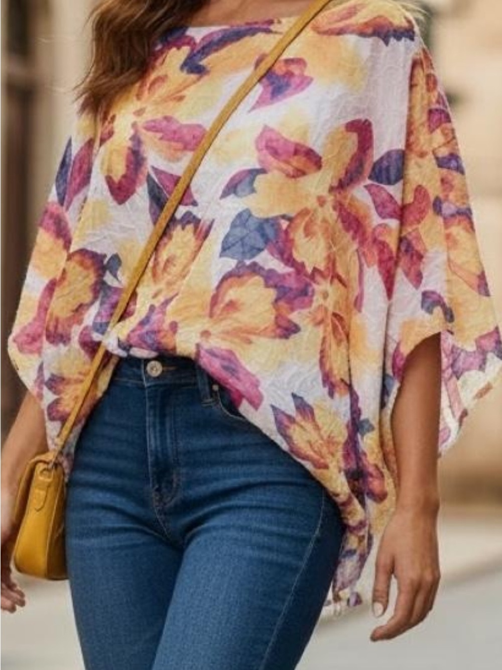Chico's Floral Batwing Blouse in Yellow, Pink & Purple
